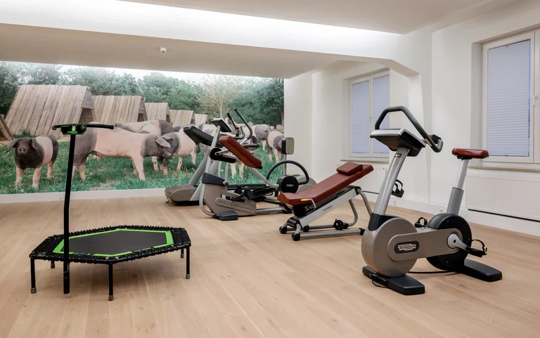 Sportraum mit Trampolin und E-Bike vom Hotel Wittmanns